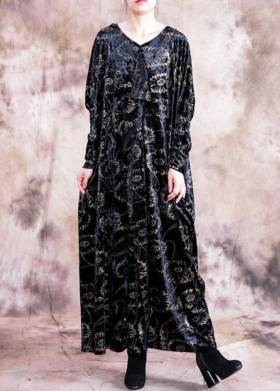 Prints Velour Dresses Work Black V Neck Kaftan Dress Fall