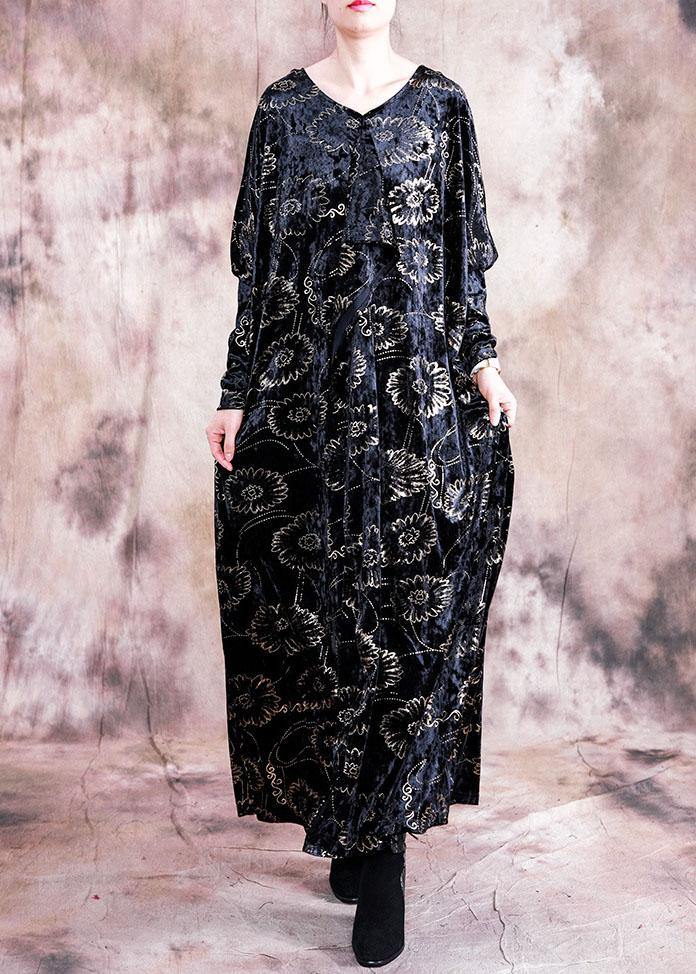 Prints Velour Dresses Work Black V Neck Kaftan Dress Fall