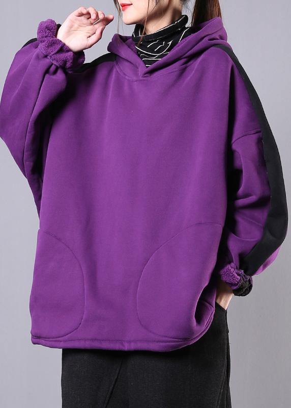 Purple Cotton Top Hooded Patchwork Short Fall Shirts