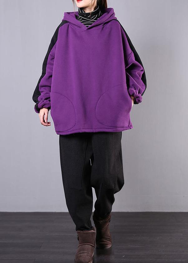 Purple Cotton Top Hooded Patchwork Short Fall Shirts