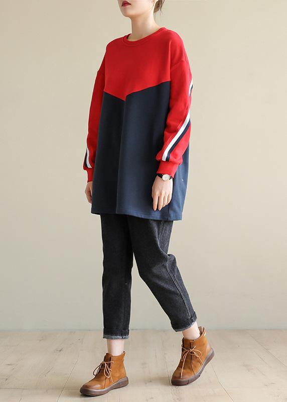 Red Cotton Tunic Top Patchwork Box O Neck Blouse