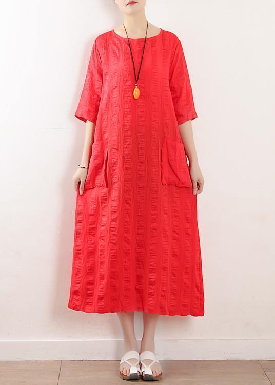 Red O Neck Linen Clothes for Half Sleeve Kaftan Summer Dress