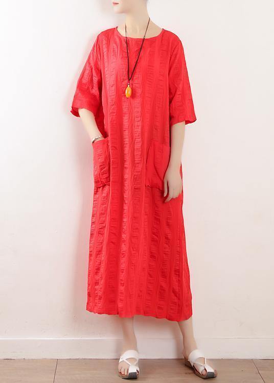 Red O Neck Linen Clothes for Half Sleeve Kaftan Summer Dress