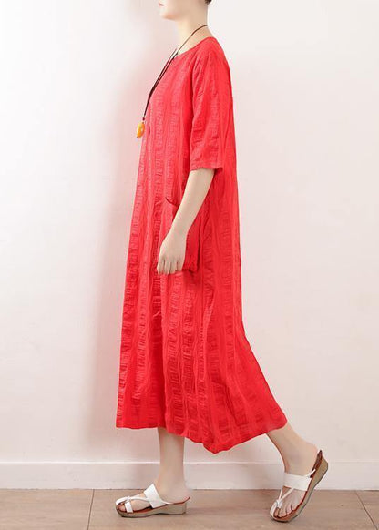 Red O Neck Linen Clothes for Half Sleeve Kaftan Summer Dress