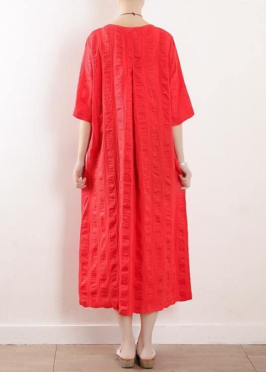 Red O Neck Linen Clothes for Half Sleeve Kaftan Summer Dress
