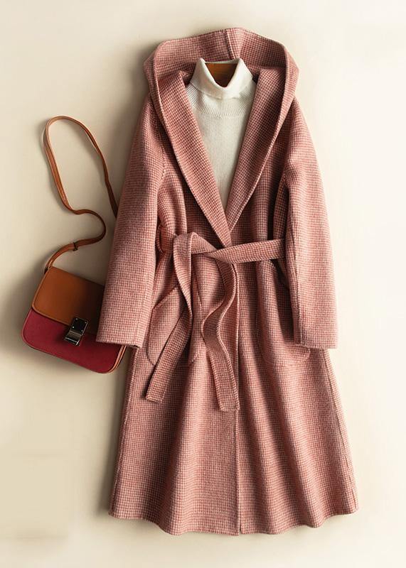 Red Plaid Fine Clothes Fabrics Hooded Tie Waist Woolen Coats