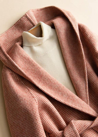 Red Plaid Fine Clothes Fabrics Hooded Tie Waist Woolen Coats