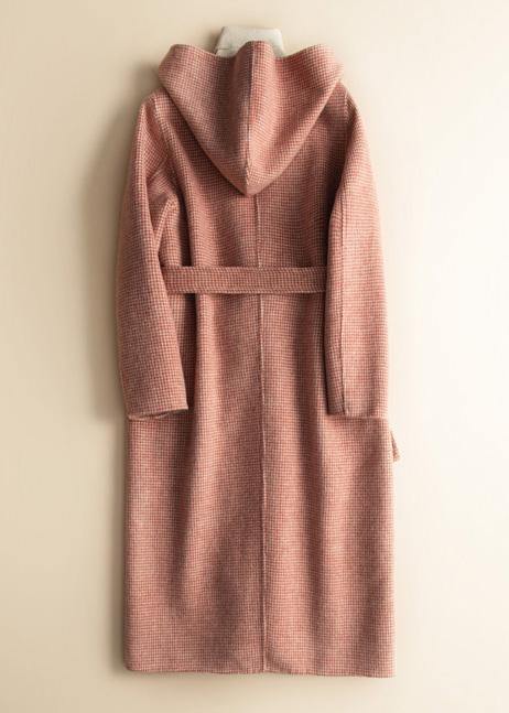 Red Plaid Fine Clothes Fabrics Hooded Tie Waist Woolen Coats
