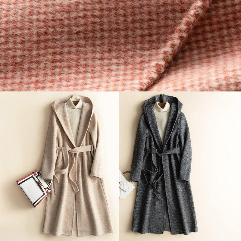 Red Plaid Fine Clothes Fabrics Hooded Tie Waist Woolen Coats