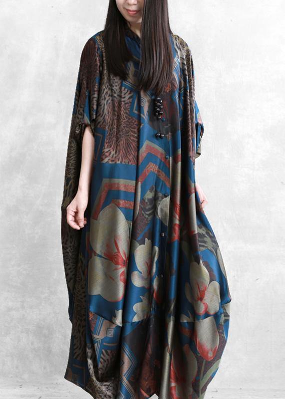 Stand Collar Asymmetric Clothes for Ideas Dark Blue Print Dress