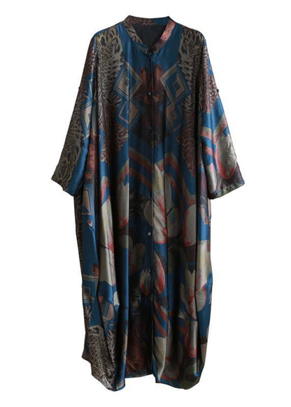 Stand Collar Asymmetric Clothes for Ideas Dark Blue Print Dress
