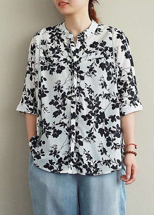 Stand Collar Half Sleeve Cotton Summer Clothes Ideas Black Print Blouses
