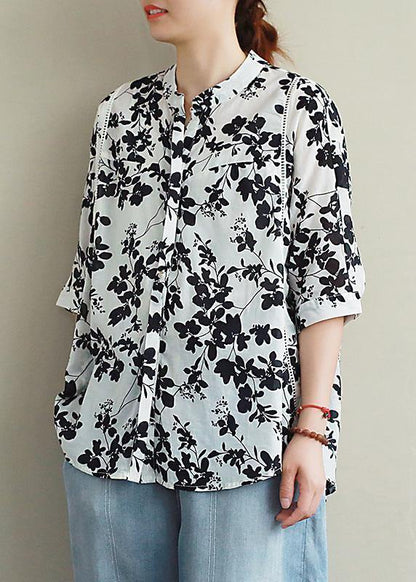 Stand Collar Half Sleeve Cotton Summer Clothes Ideas Black Print Blouses