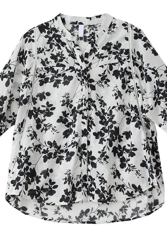 Stand Collar Half Sleeve Cotton Summer Clothes Ideas Black Print Blouses