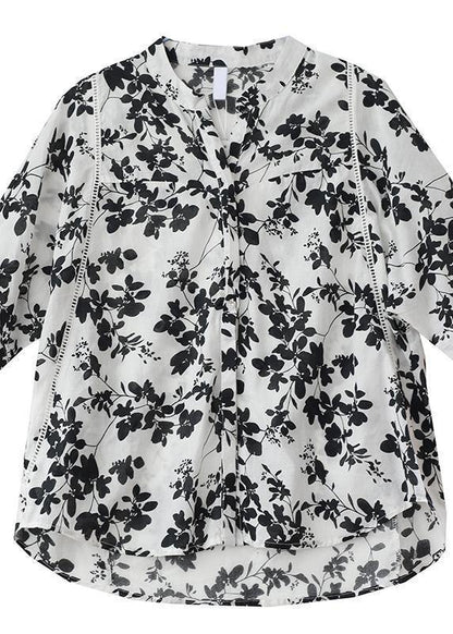 Stand Collar Half Sleeve Cotton Summer Clothes Ideas Black Print Blouses