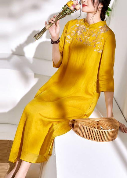 Stand Collar Linen Clothes for Yellow Embroidery Dresses