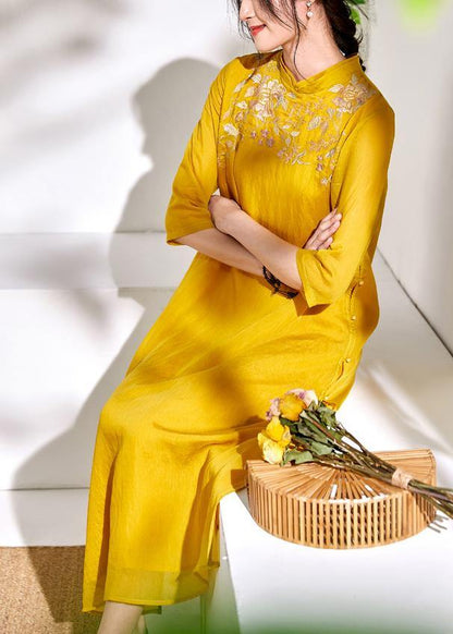 Stand Collar Linen Clothes for Yellow Embroidery Dresses