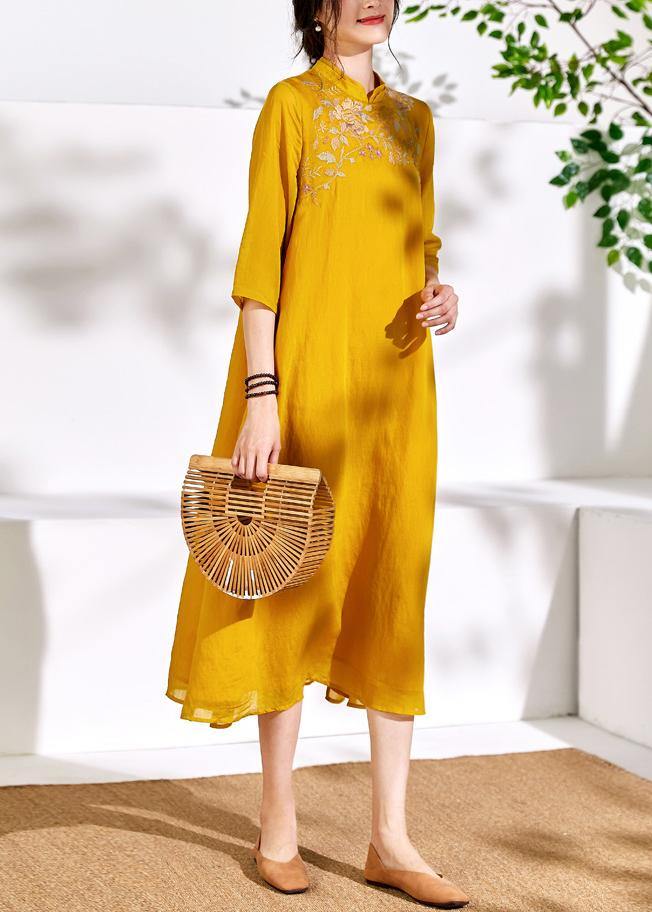 Stand Collar Linen Clothes for Yellow Embroidery Dresses