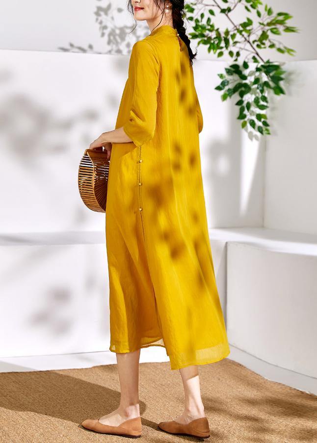 Stand Collar Linen Clothes for Yellow Embroidery Dresses