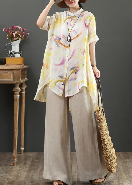 Stand Collar Low High Design Linen Blouses for Design Yellow Print Shirts