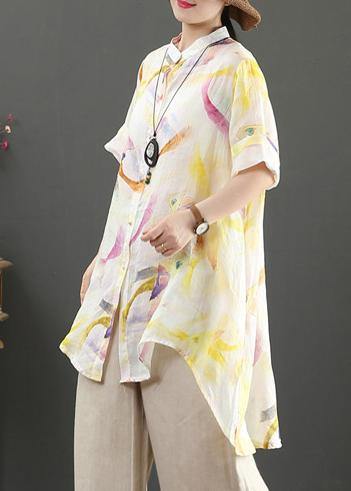 Stand Collar Low High Design Linen Blouses for Design Yellow Print Shirts