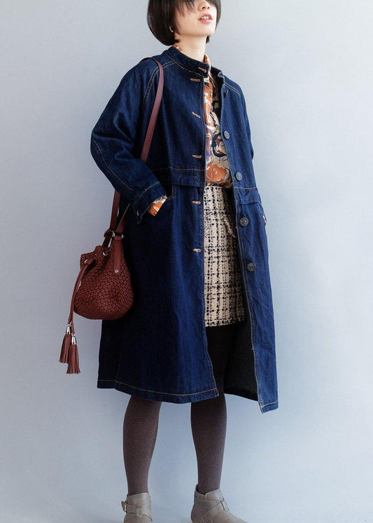 Stand Collar Fine Patchwork Box Coat Dark Blue Silhouette Jackets