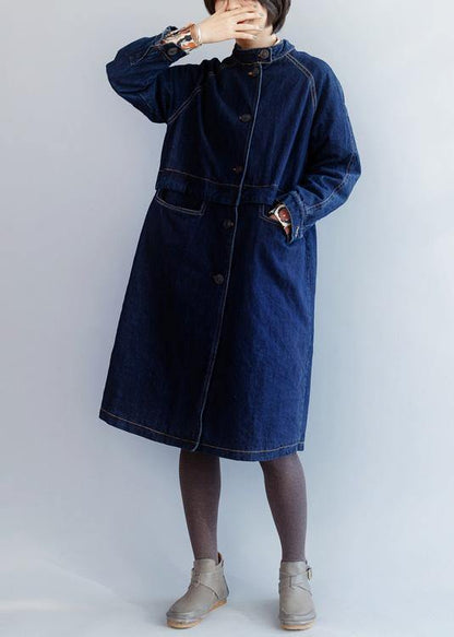 Stand Collar Fine Patchwork Box Coat Dark Blue Silhouette Jackets