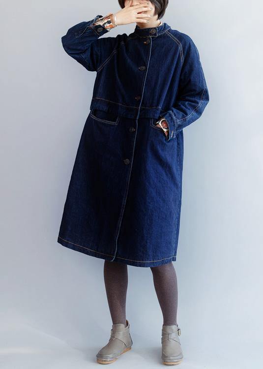 Stand Collar Fine Patchwork Box Coat Dark Blue Silhouette Jackets