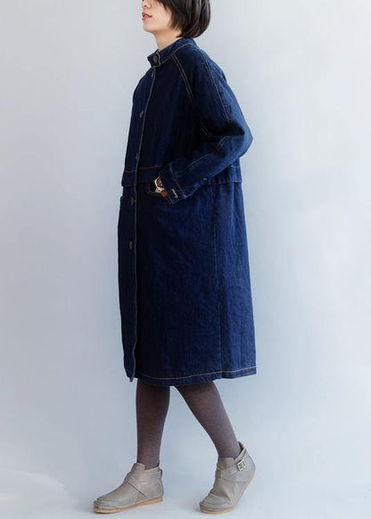 Stand Collar Fine Patchwork Box Coat Dark Blue Silhouette Jackets