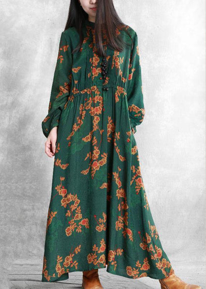 Stand Collar Cinched Quilting Clothes Fabrics Green Print Kaftan Dresses