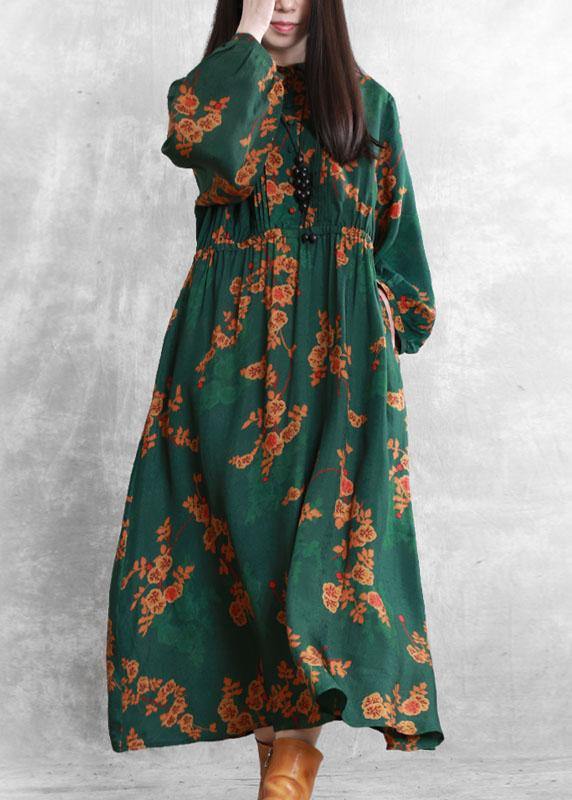 Stand Collar Cinched Quilting Clothes Fabrics Green Print Kaftan Dresses