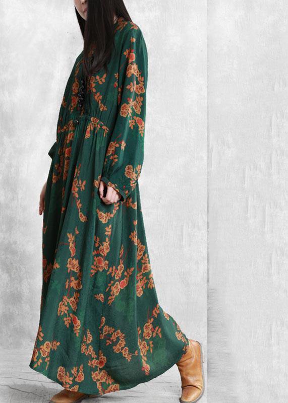 Stand Collar Cinched Quilting Clothes Fabrics Green Print Kaftan Dresses