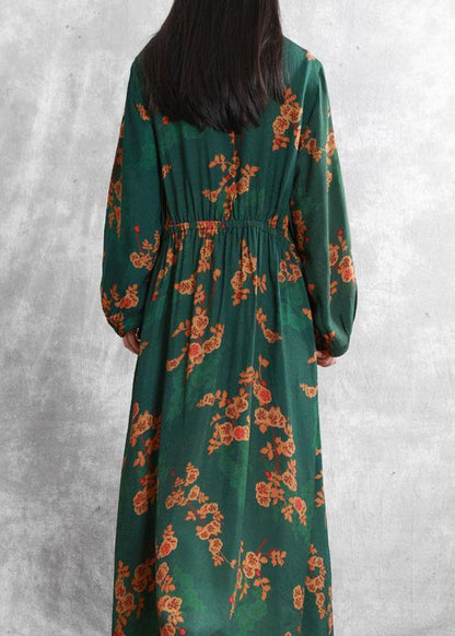 Stand Collar Cinched Quilting Clothes Fabrics Green Print Kaftan Dresses