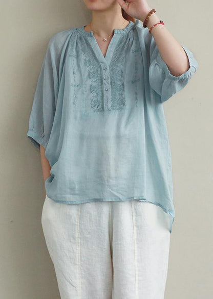 V Neck Button Down Linen Summer Shirts Blue Embroidery Blouses