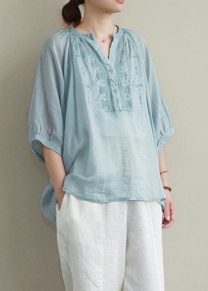 V Neck Button Down Linen Summer Shirts Blue Embroidery Blouses