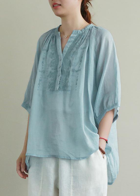 V Neck Button Down Linen Summer Shirts Blue Embroidery Blouses