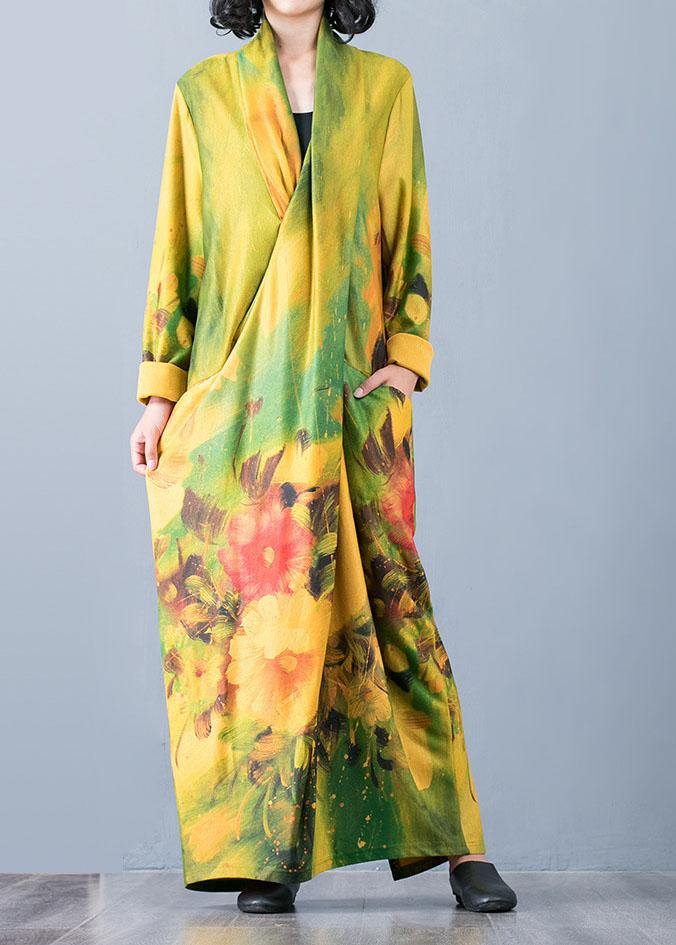 V Neck Back Side Open Cotton Clothes for Fabrics Yellow Print Art Dresses Fall