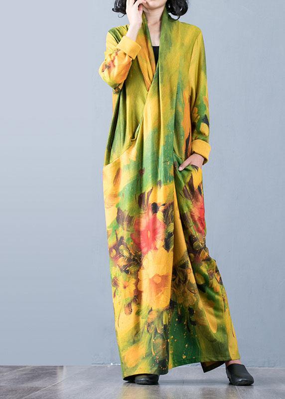 V Neck Back Side Open Cotton Clothes for Fabrics Yellow Print Art Dresses Fall