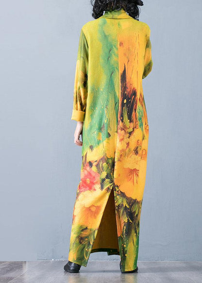 V Neck Back Side Open Cotton Clothes for Fabrics Yellow Print Art Dresses Fall