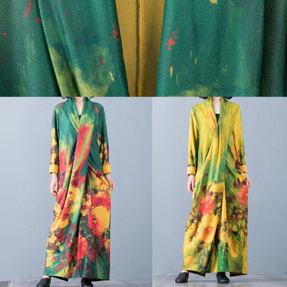 V Neck Back Side Open Cotton Clothes for Fabrics Yellow Print Art Dresses Fall