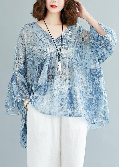 V Neck Blended Summerclothes for Outfits Blue Prints Tops