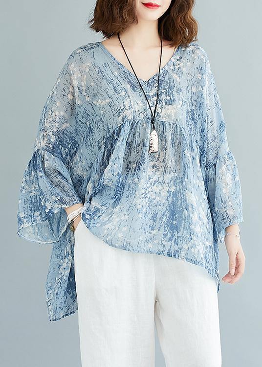 V Neck Blended Summerclothes for Outfits Blue Prints Tops
