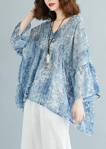 V Neck Blended Summerclothes for Outfits Blue Prints Tops