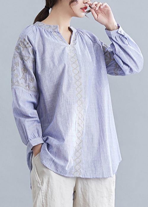 V Neck Cotton Blouse Neckline Blue Embroidery Shirt