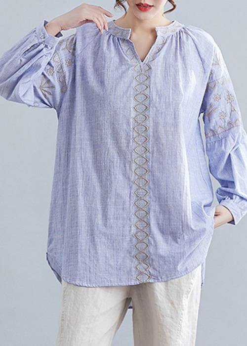 Bohemian v neck cotton Blouse Neckline blue embroidery shirt