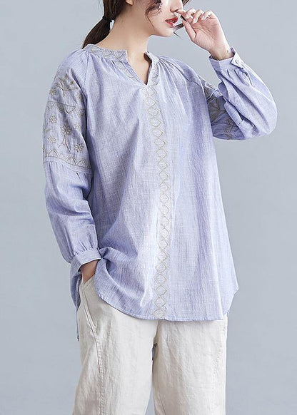 Bohemian v neck cotton Blouse Neckline blue embroidery shirt