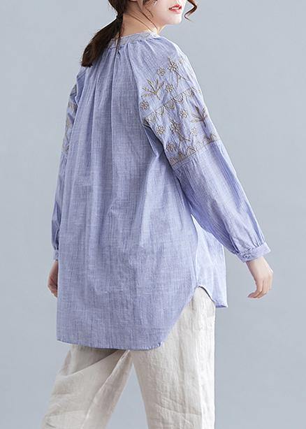 Bohemian v neck cotton Blouse Neckline blue embroidery shirt