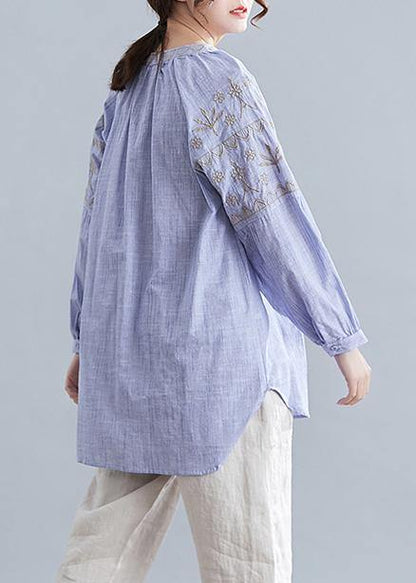 Bohemian v neck cotton Blouse Neckline blue embroidery shirt
