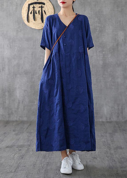V Neck Embroidery Linen Dresses Tutorials Navy Dress