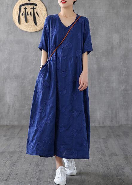V Neck Embroidery Linen Dresses Tutorials Navy Dress